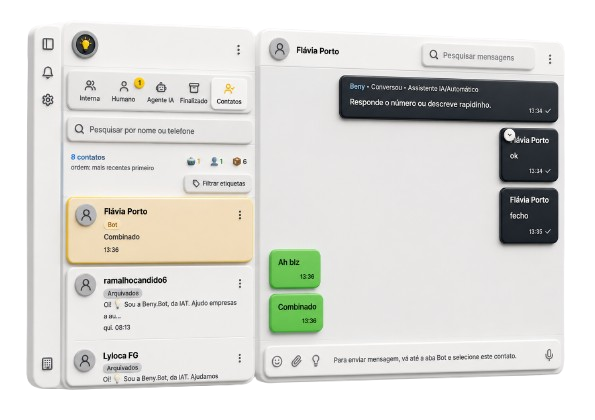 Mockup 3D com fundo transparente da interface IAT: contatos e conversa WhatsApp-style com Beny.Bot em destaque.